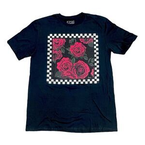 Mens LCM International Checkered Print Roses Graphic Tee Shirt - Sz M